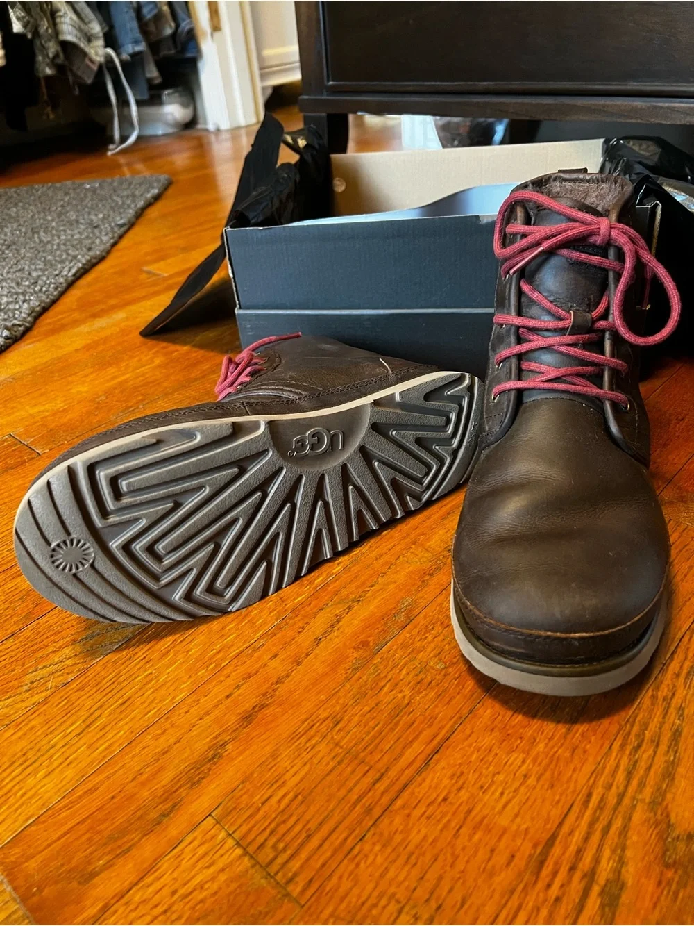UGG Men's Brown Leather Chukka Boots with Red Laces (w/ additional brown laces)